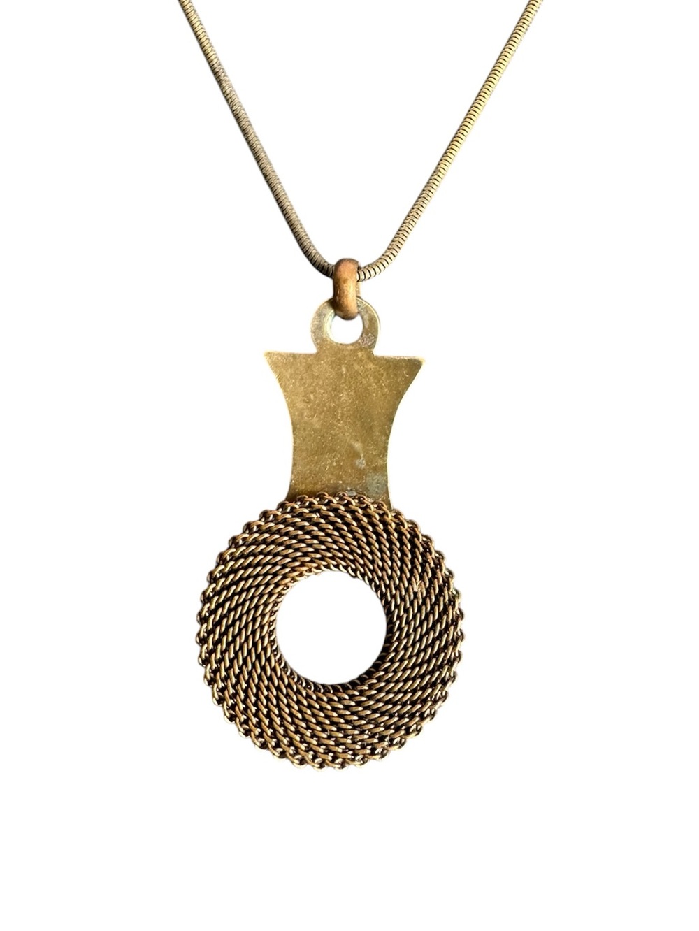 Vintage Marjorie Baer SF Necklace Textured Modernist Artisan Brass Pendant 30"